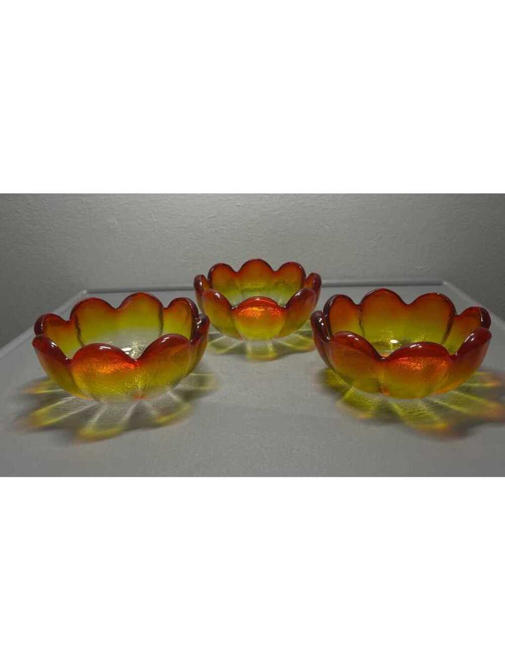 Vintage Amberina Glass Lotus Flower Bowls-MCM Set of 3-Cadmium Glow
